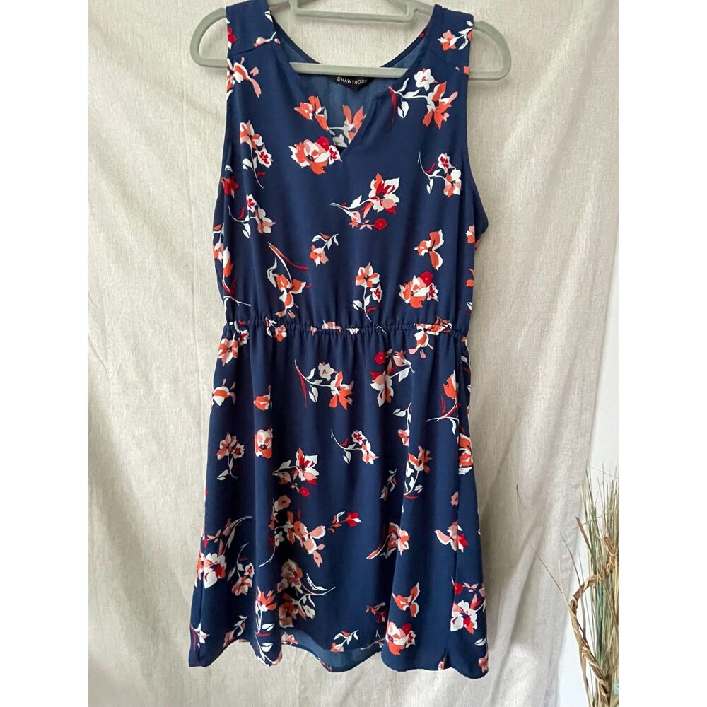 41 Hawthorn Navy Blue Coral Floral Sleeveless Notch Neck Dress Large L